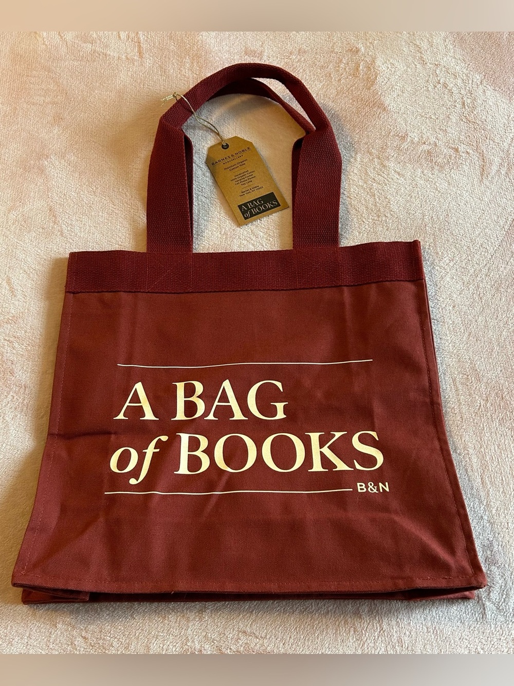 Barnes & Noble “A Bag of Books” burgundy organic cotton tote bag 15x14x5